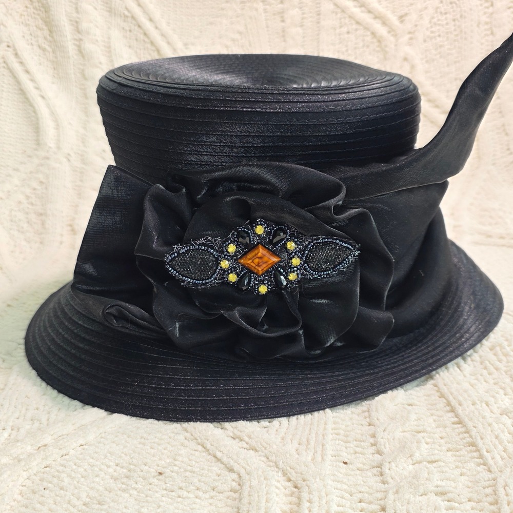 Giovannio Dress Hat Black Beaded Flower Cloche Church Derby Formal Women OS New‎